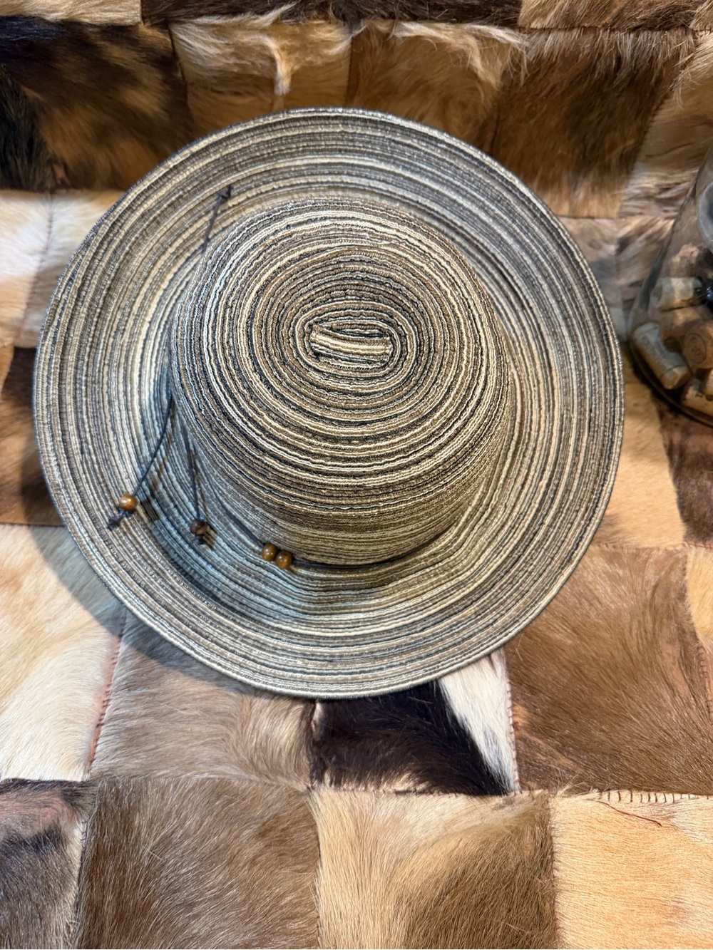 Striped Sun Hat with Wooden Bead Accent - Gray/Tan